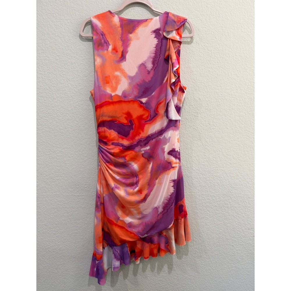Rachel Roy Ruffle Mini Dress Multicolor XL Watercolor Mesh Ruched Asymmetrical - Picture 3 of 8